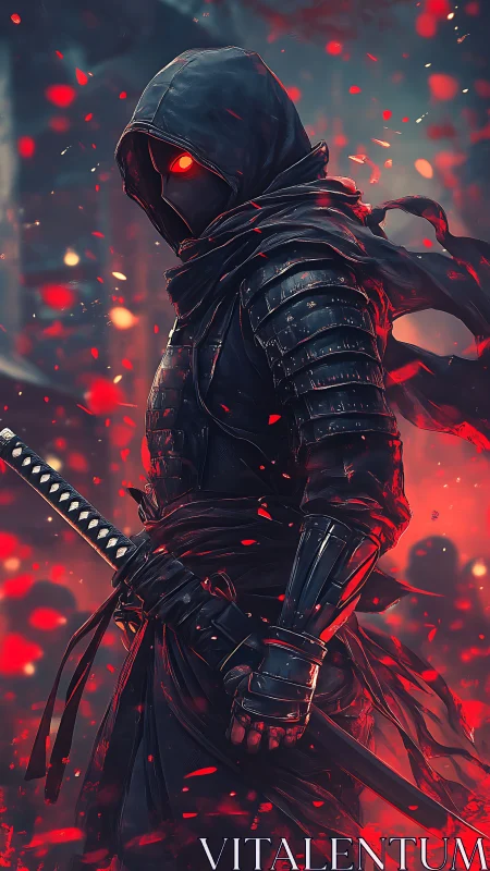 Hooded cyber ninja stands in burning red ember storm