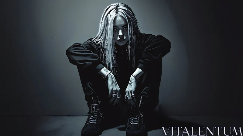 Moody monochrome portrait of seated hooded figure in shadow.