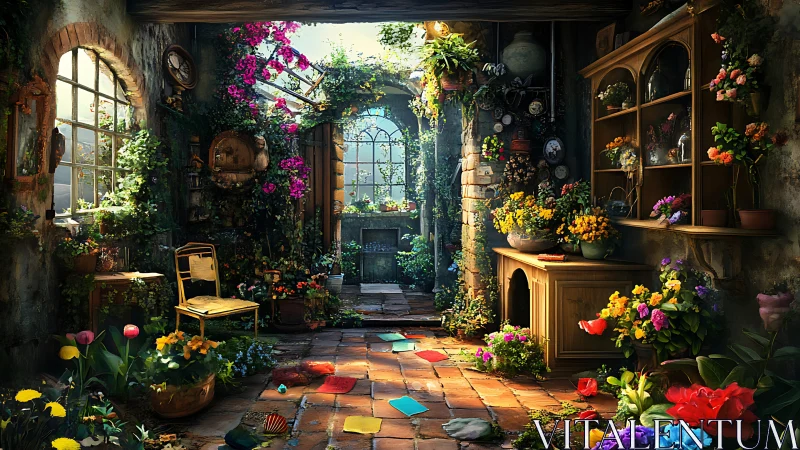 Sunlit floral conservatory interior renders immersive rustic detail