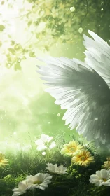 Angelic white wing arcs above sunlit daisies in verdant mist