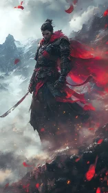 Lone warrior in crimson standing strong above the clouds.