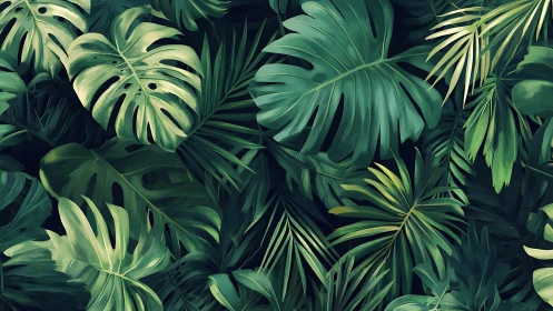Dense green tropical foliage pattern with overlapping leaves.
