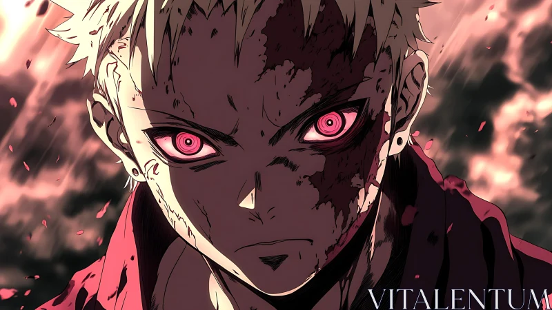 Crimson gaze carves fury through smoke and falling embers