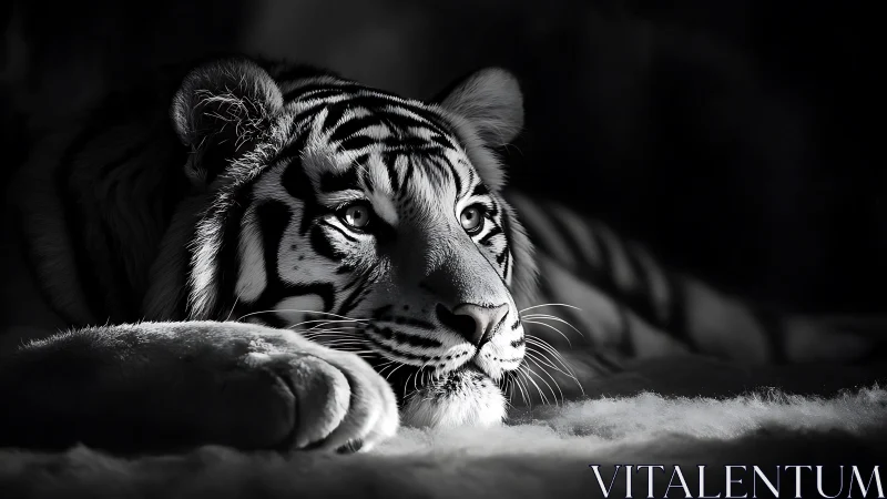 Resting tiger in dramatic black and white close-up shot.