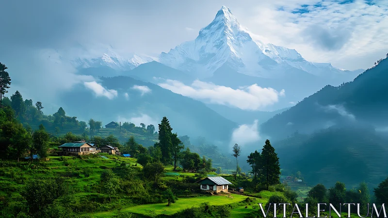 Snow peak rises above misty valley village in verdant hills
