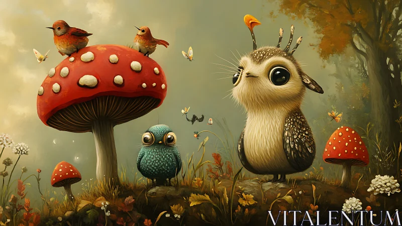 Whimsical woodland creatures among mushrooms, fantasy art style.