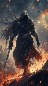 Hooded dark knight strides through ember-streaked battlefield.