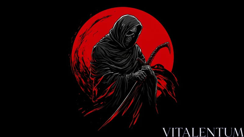 Grim reaper silhouette before blood-red lunar eclipse