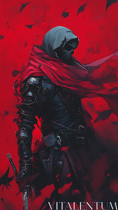 Scarlet storm whirls around a hooded reaper-knight sentinel