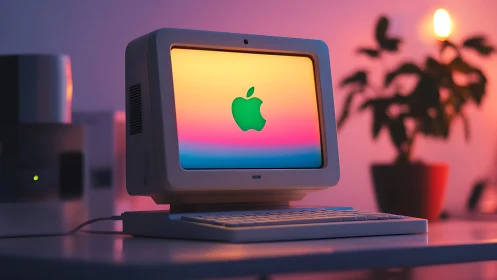 Retro desktop glowing with colorful apple logo screen.