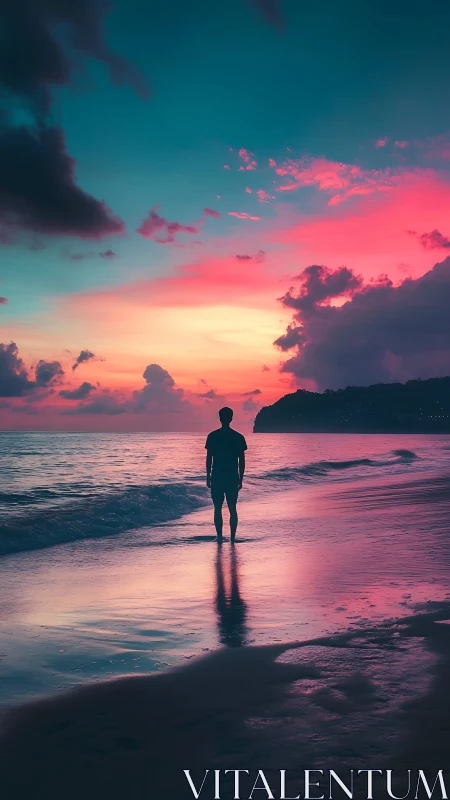 Silhouette of a person stands on shoreline at vivid sunset
