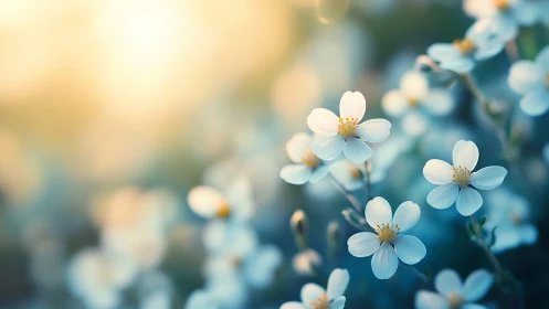 Small white flowers with delicate five petals bloom in soft focus