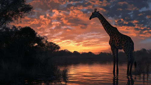 Giraffe silhouette in volumetric sunset over reflective water.