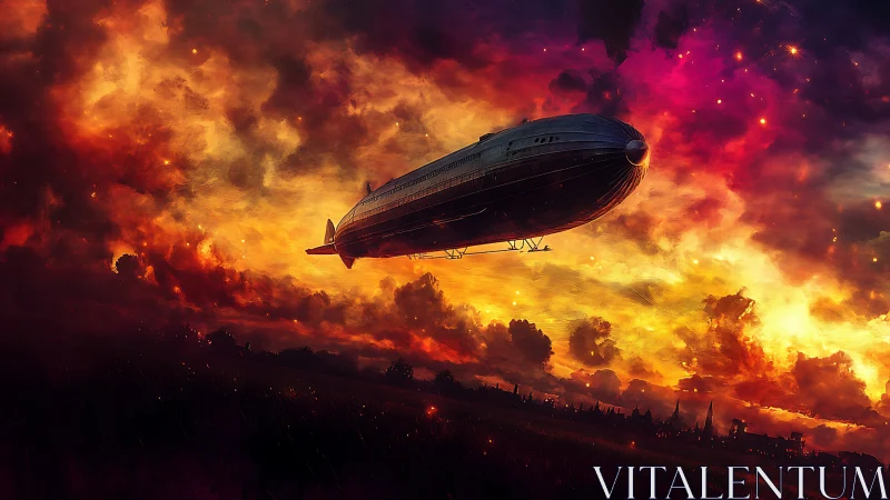 Dirigible crossing a vivid sunset storm sky scene.