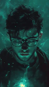 Mystical young man studies glowing energy in teal haze