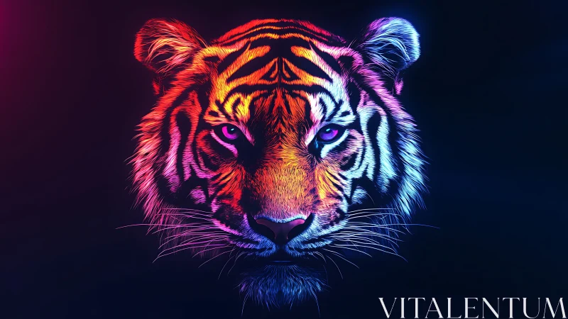 Neon colored tiger head rendered with high contrast lighting
