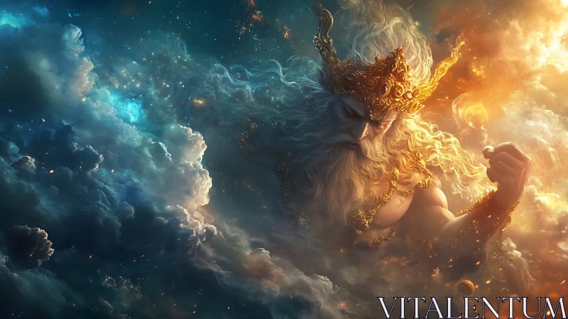 Stellar storm deity emerging from volumetric astral clouds.