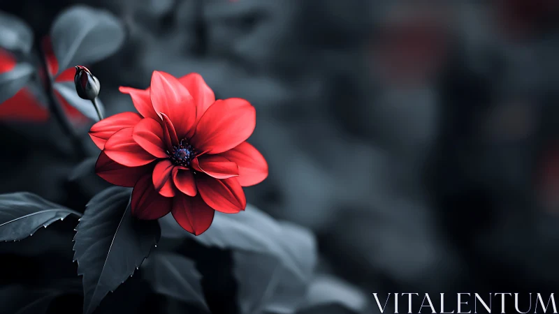 Macro study of red dahlia bloom on desaturated foliage bokeh