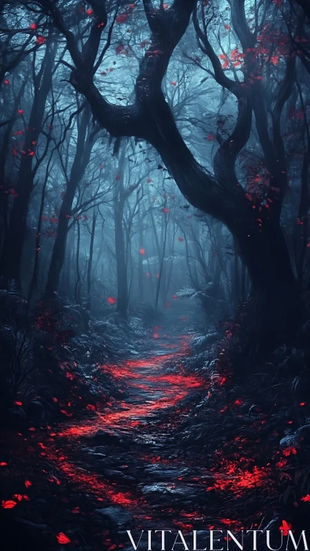Enchanted red path winds through a misty midnight forest