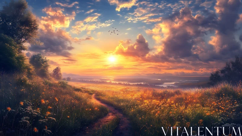 Gentle sunset path winding through glowing summer meadow.