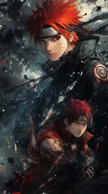 Dual red-eyed ninja portraits in dynamic ink-splatter vortex