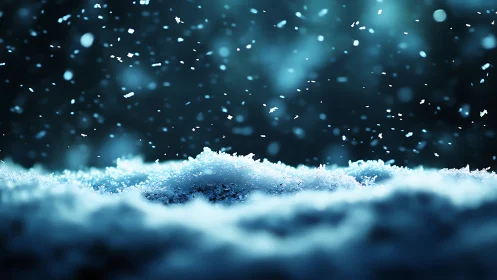 Macro snow drift under falling flakes in cool blue light.