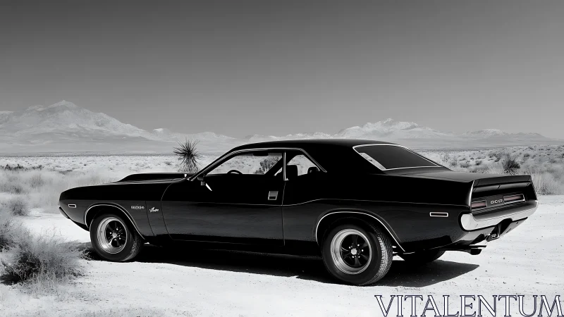 Black classic coupe is parked on a flat desert landscape