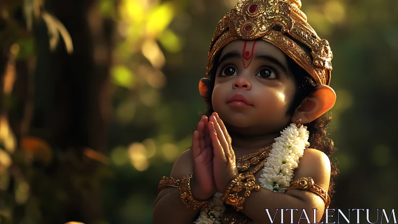 Sweet baby deity in golden crown bathed in soft light.