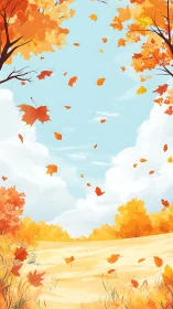 Autumn meadow landscape with swirling orange foliage skyward.