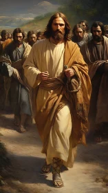 Messianic figure leading followers on sunlit rural path.