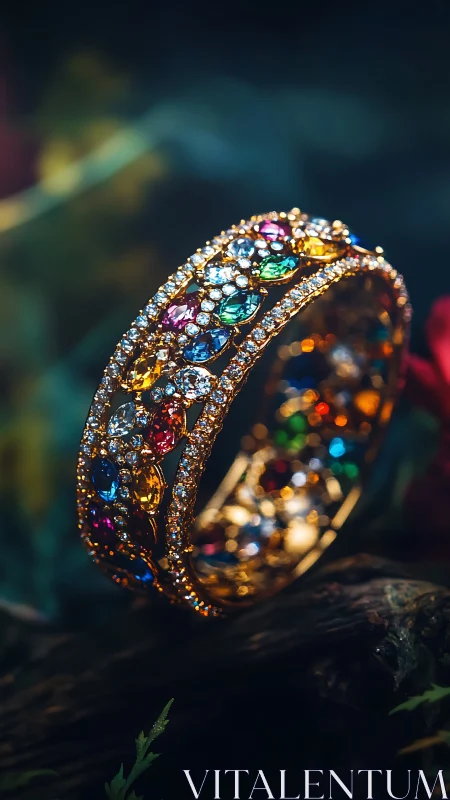 Golden rainbow gemstone bracelet glowing in forest hush.