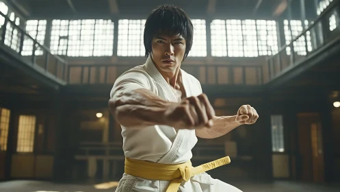 Martial artist executes forward punch in softly backlit dojo