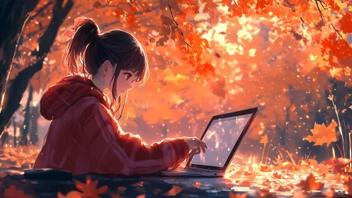 Teen girl using laptop outdoors under autumn foliage.