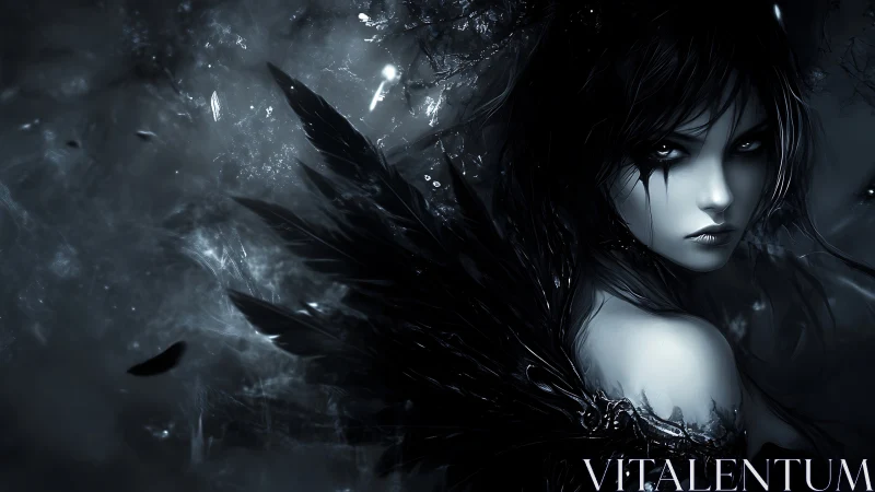 Digital monochrome portrait of winged female figure.