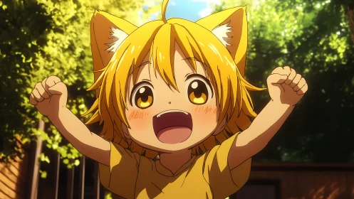 Sunlit fox-eared child bursts into golden morning joy.