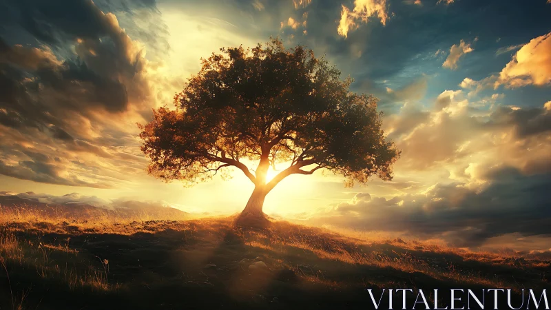 Golden hilltop tree aglow in a dreamy sunset sky.