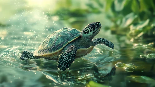 Graceful sea turtle glides through glowing green water.