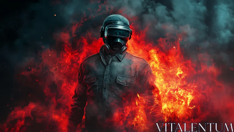 Armored tactical operator in visor helmet emerging from flames