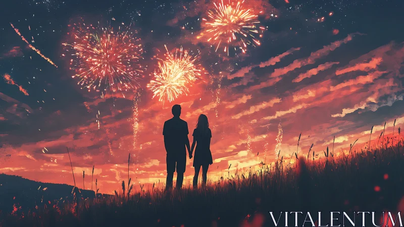 Silhouetted couple watching fireworks in a red dusk sky.