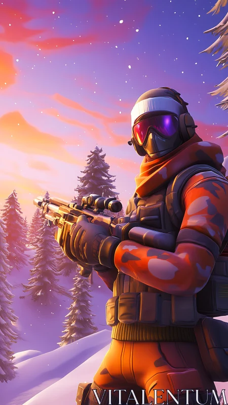 Winter sniper operative surveys glowing alpine battlefield