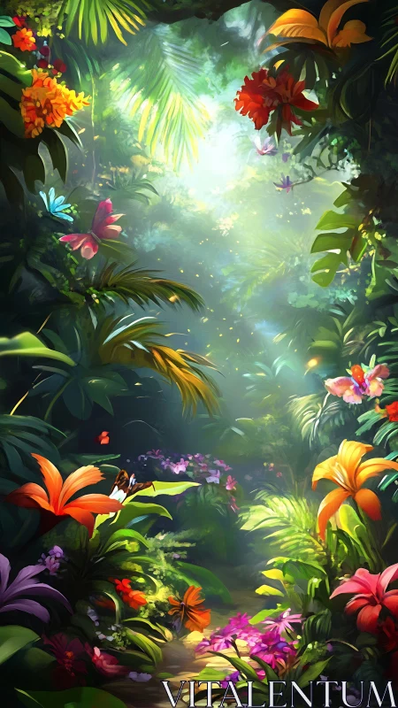 Luminous jungle path framed by vivid tropical blooms.
