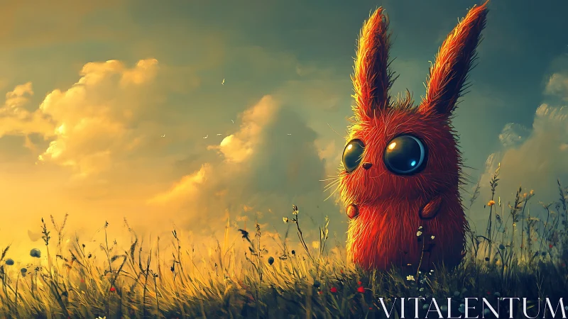 Bioluminescent orange bunny creature in sunset meadow panorama