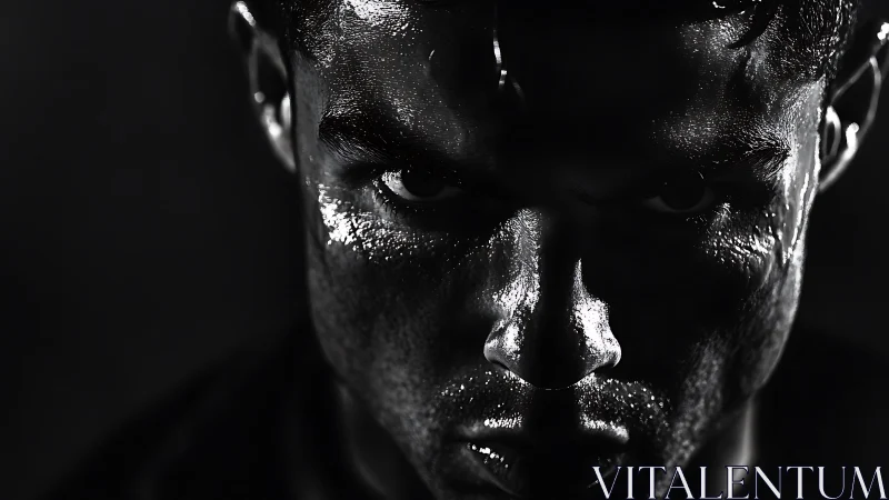 Intense low key portrait of sweaty male face in shadow.