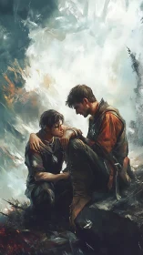 Two seated figures in rugged terrain under diffuse sky.