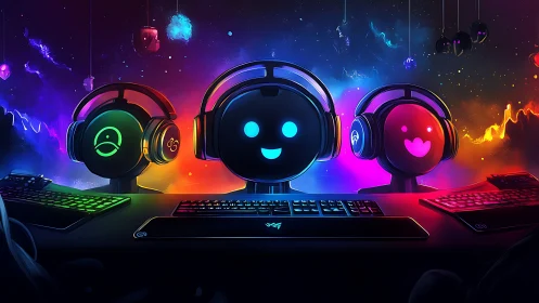 Friendly gamer bots glowing in a neon rainbow studio.