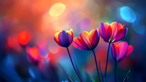 Vibrant tulips bloom through dreamlike bokeh and colorful light.