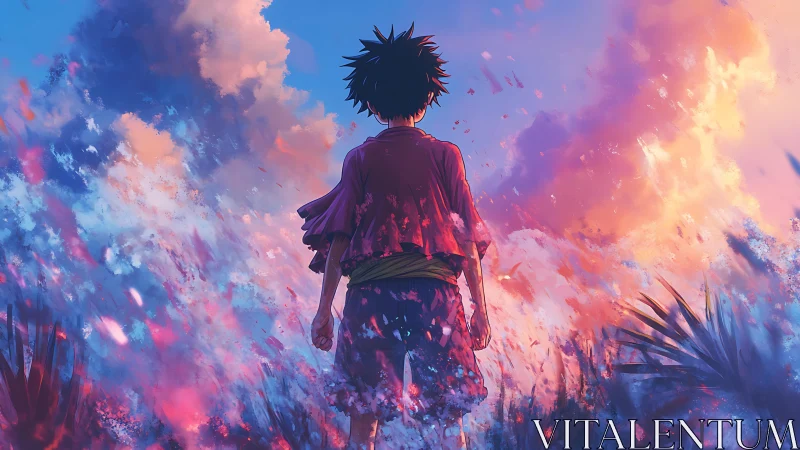 Sunset dreams with a quiet hero in swirling color fields.