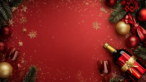 Christmas wine bottle, ornaments and glasses on red background