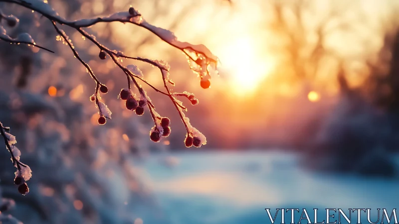 Icy winter berries on branch against low winter sunlight.