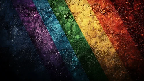 Prismatic stone bands carve a rugged rainbow across shadowed dark.